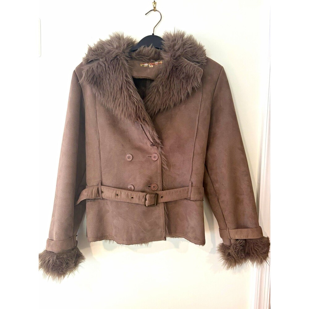 Twenty Twenty Womens Brown Faux Fur Trim Belted Lined Button Jacket Size M